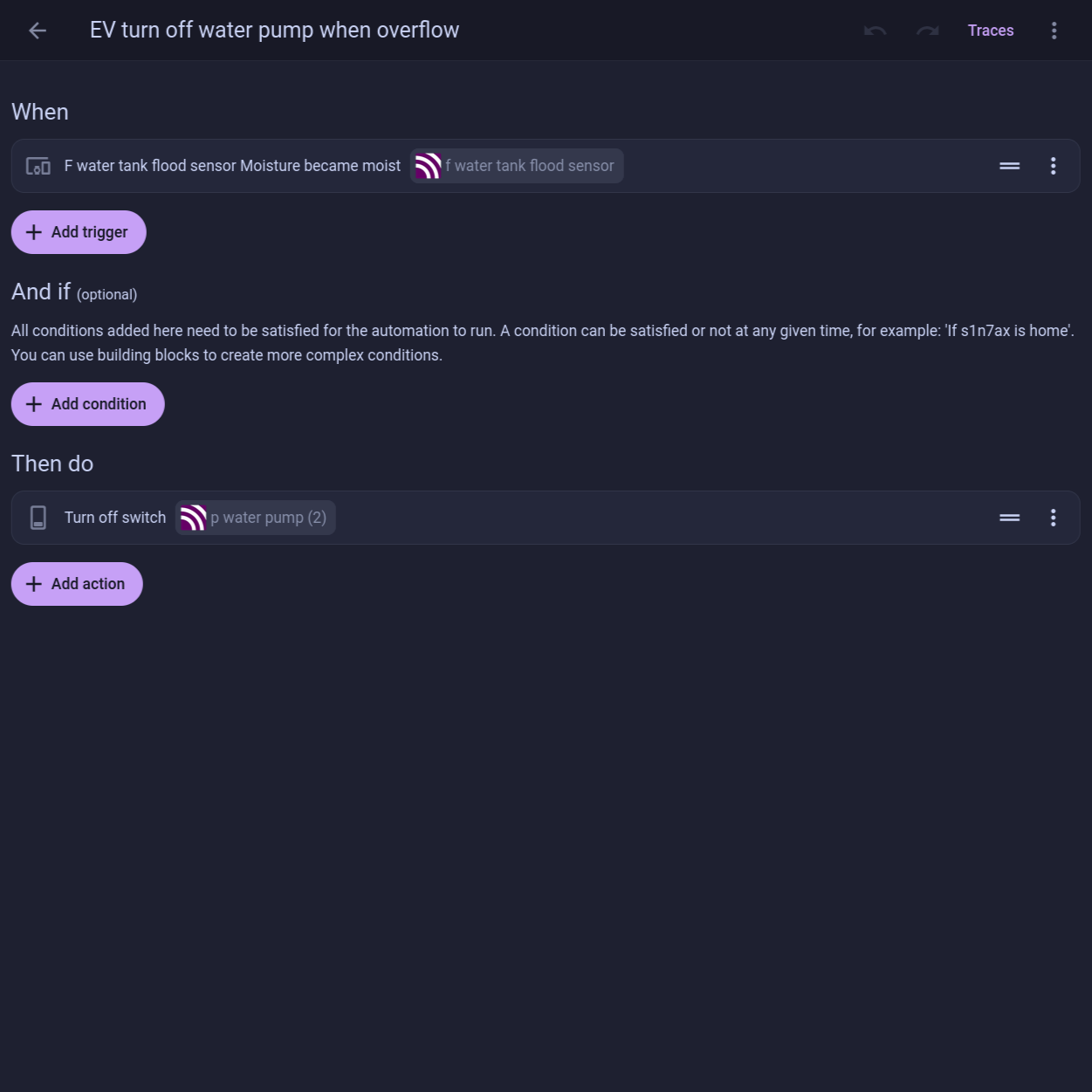 home assistant automation editor - turn off water pump on overflow