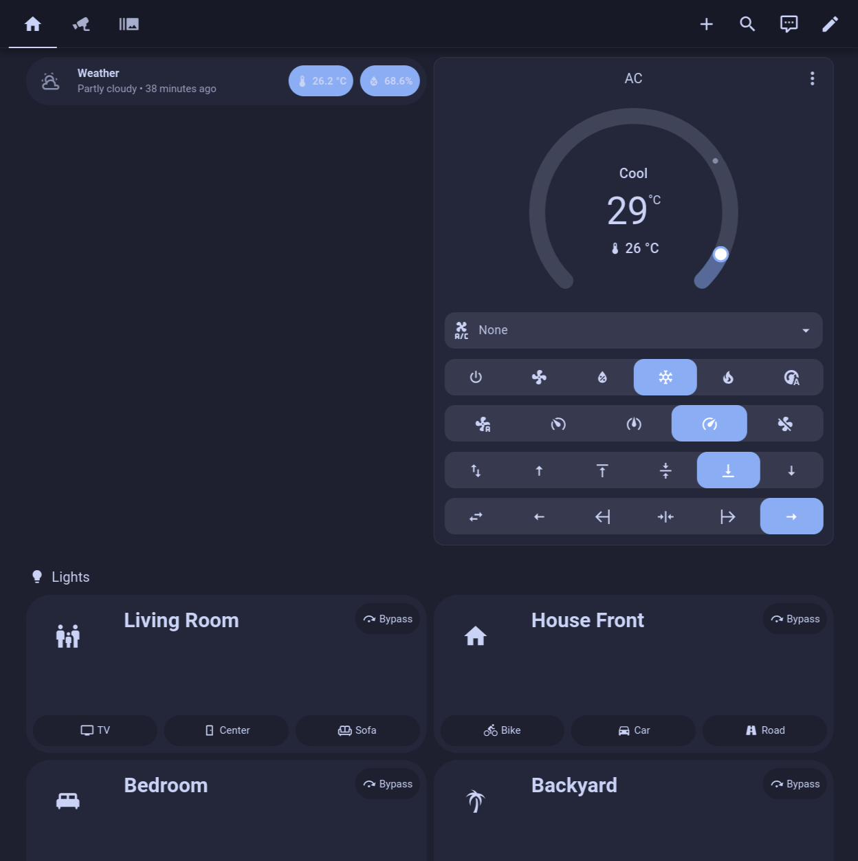 home assistant dashboard - AC and lights